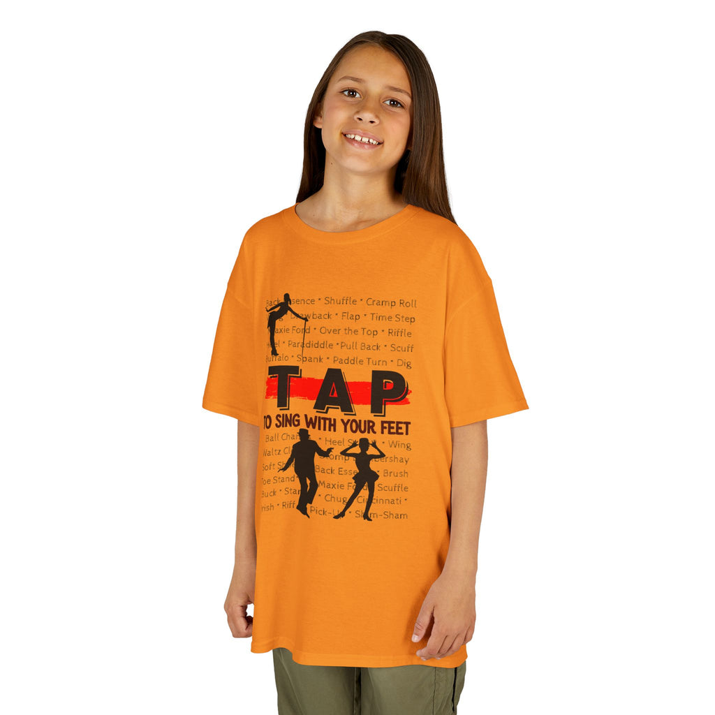 Young girl wearing a youth Gildan 5000B heavy cotton t-shirt in tennessee orange with a Tap text and design