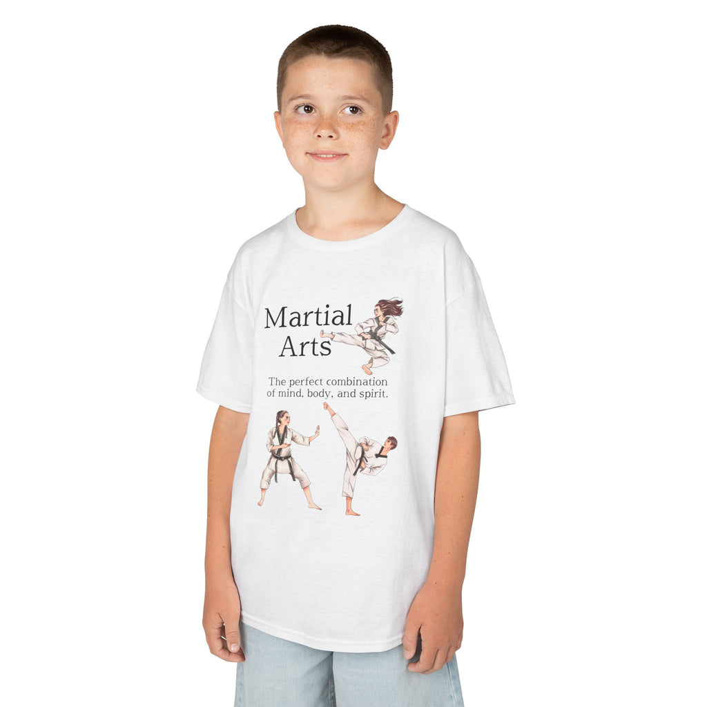 Young boy wearing a youth Gildan 5000B heavy cotton t-shirt in white with a Martial Arts text and graphic