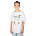 Young boy wearing a youth Gildan 5000B heavy cotton t-shirt in white with a Martial Arts text and graphic