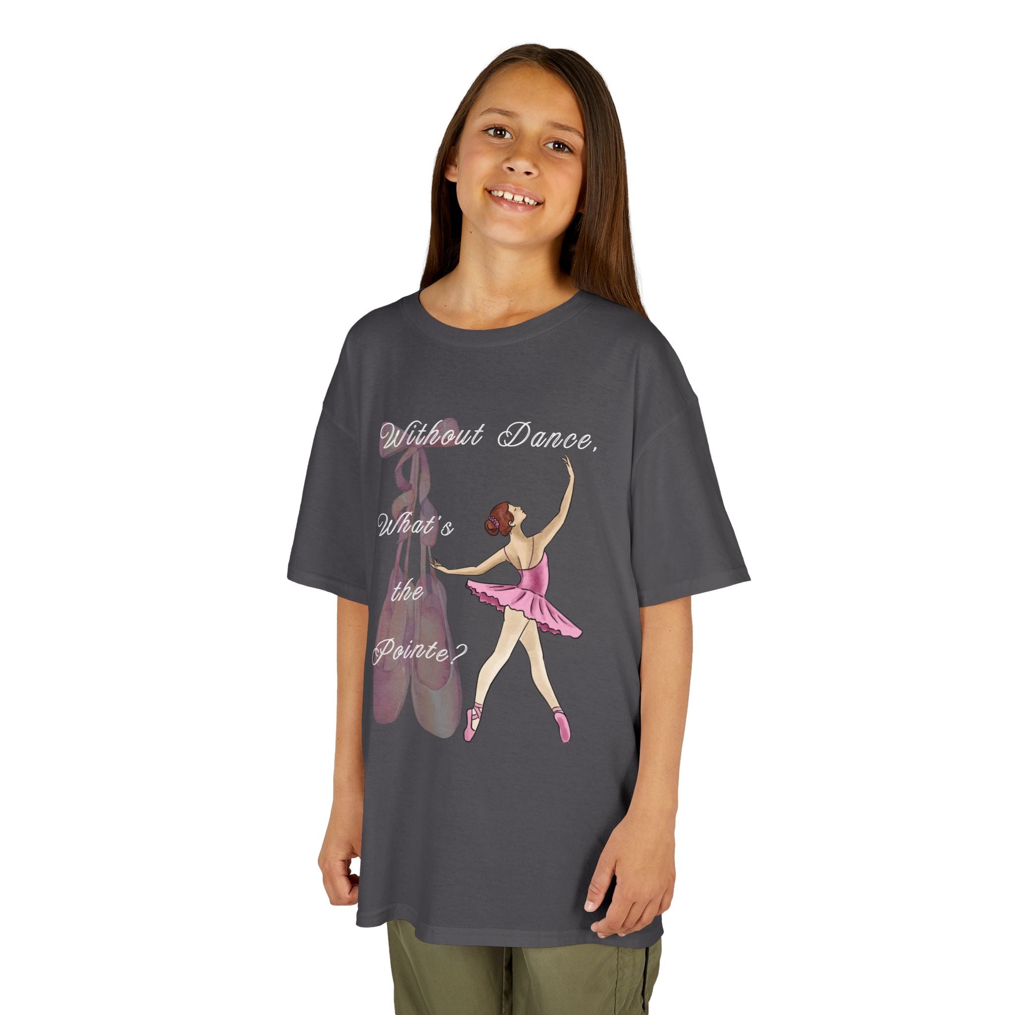 Young girl wearing a youth Gildan 5000B heavy cotton t-shirt in charcoal with a Without Dance What's the Pointe design and graphic