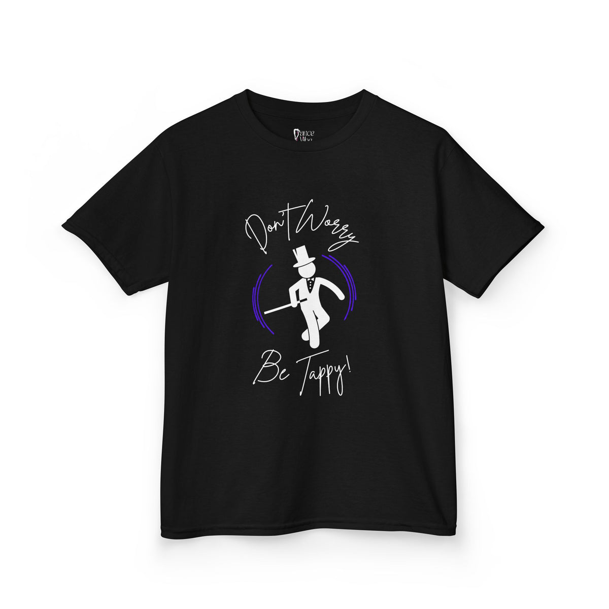 Front view of a youth Gildan 5000B heavy cotton t-shirt in black with a Don't Worry Be Tappy Tap theme