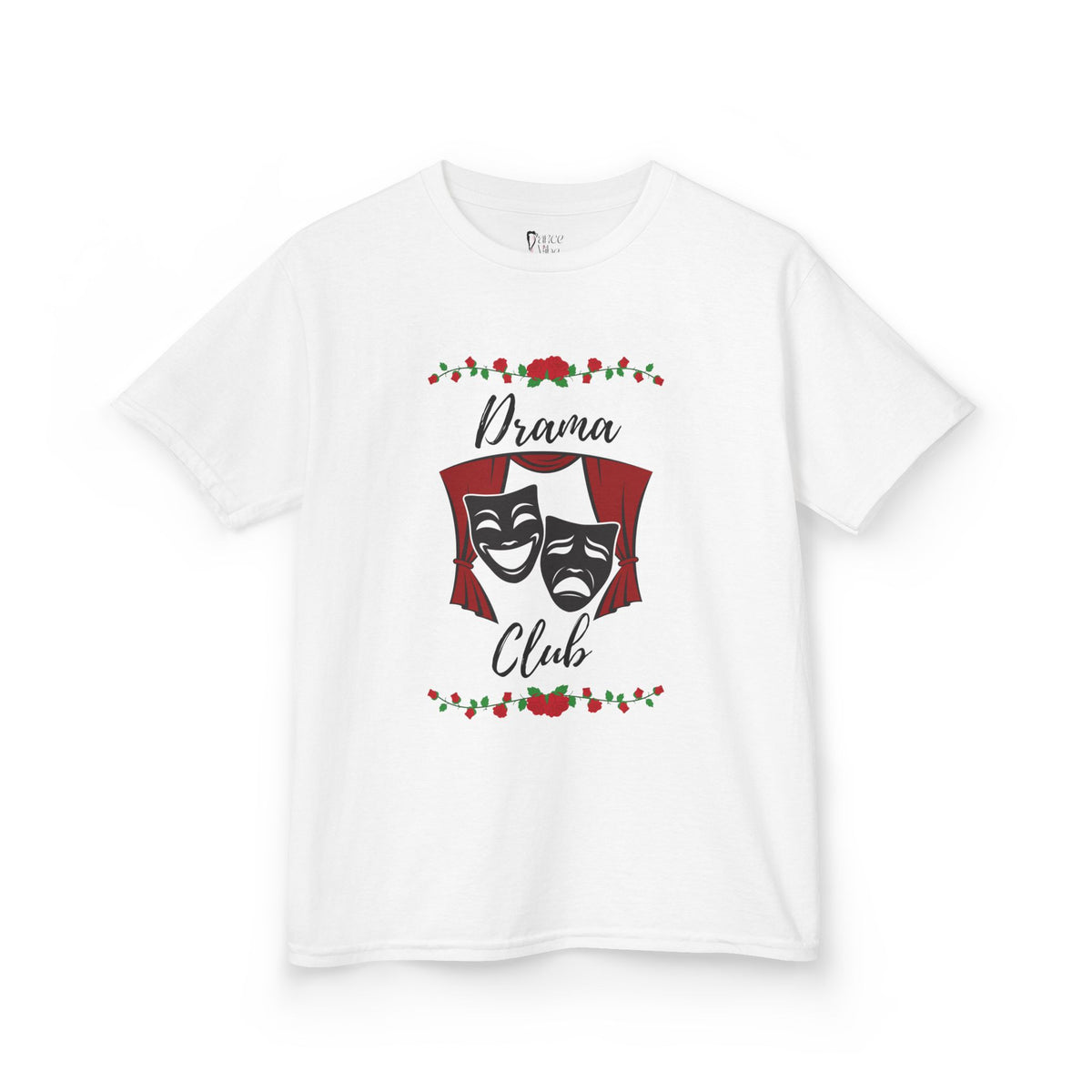 Front view of a youth Gildan 5000B heavy cotton t-shirt in white with a Drama Club text and graphic 