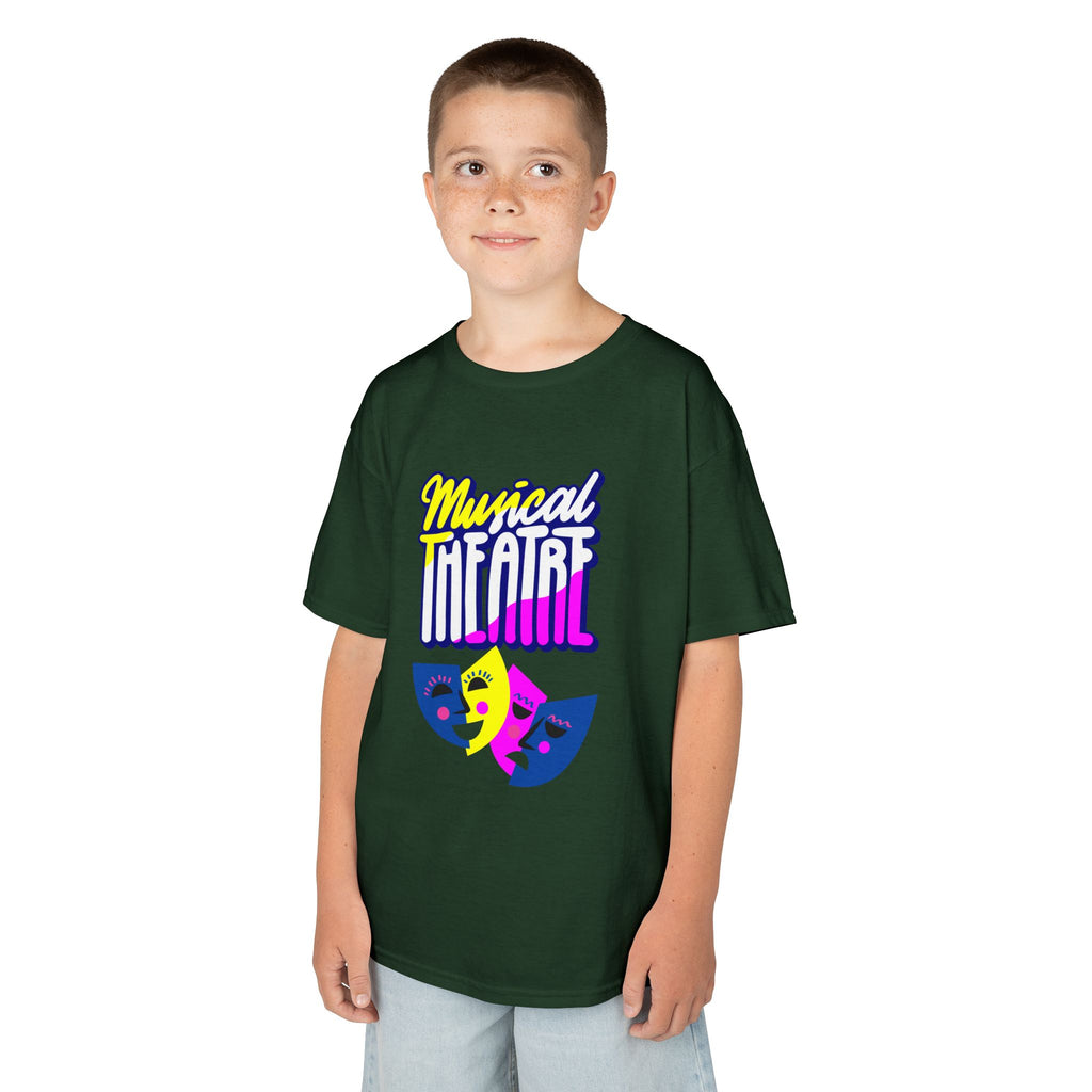 Young boy wearing a youth Gildan 5000B heavy cotton t-shirt in forest green with a Musical Theater rainbow mask graphic