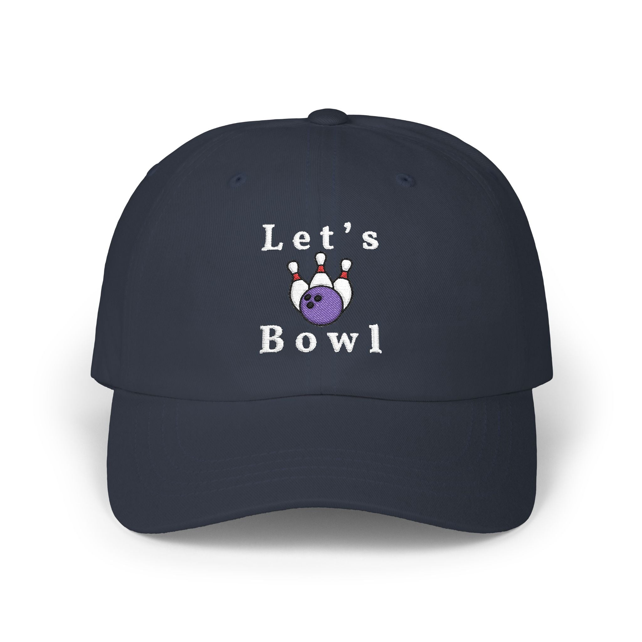 Navy cap with an embroidered Let's Bowl text and graphic.