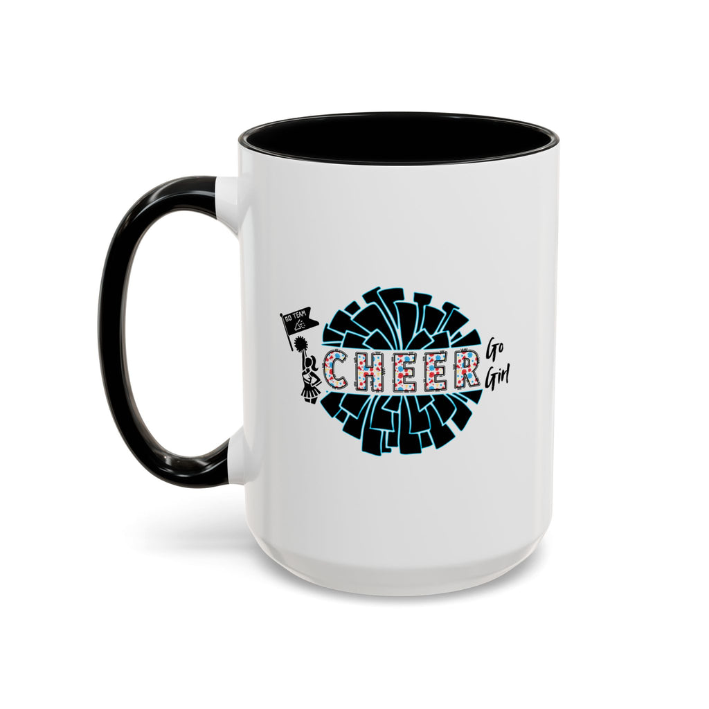 15oz white ceramic Cheer mug with black handle and interior Left handed view