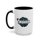 15oz white ceramic Cheer mug with black handle and interior Left handed view