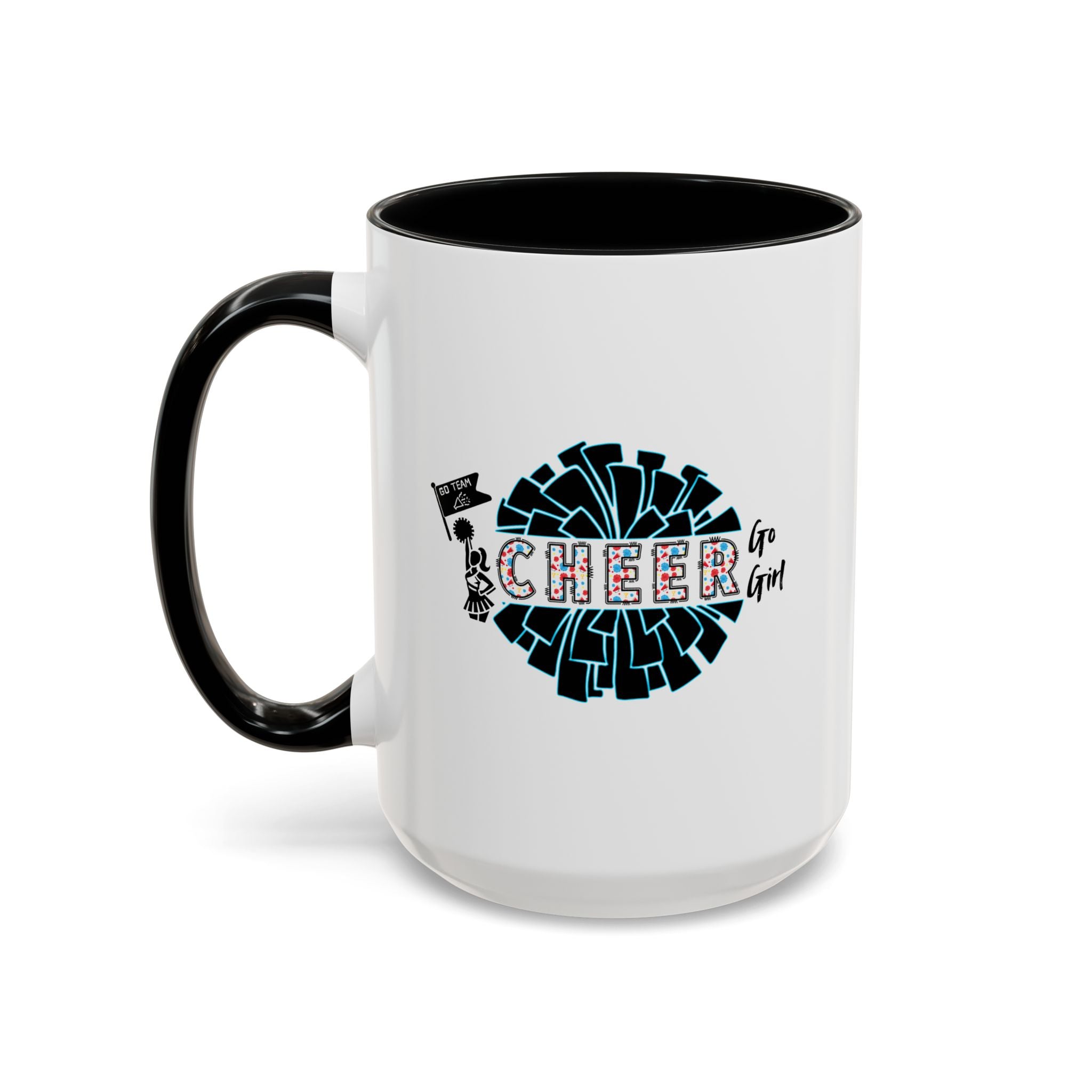 15oz white ceramic Cheer mug with black handle and interior Left handed view