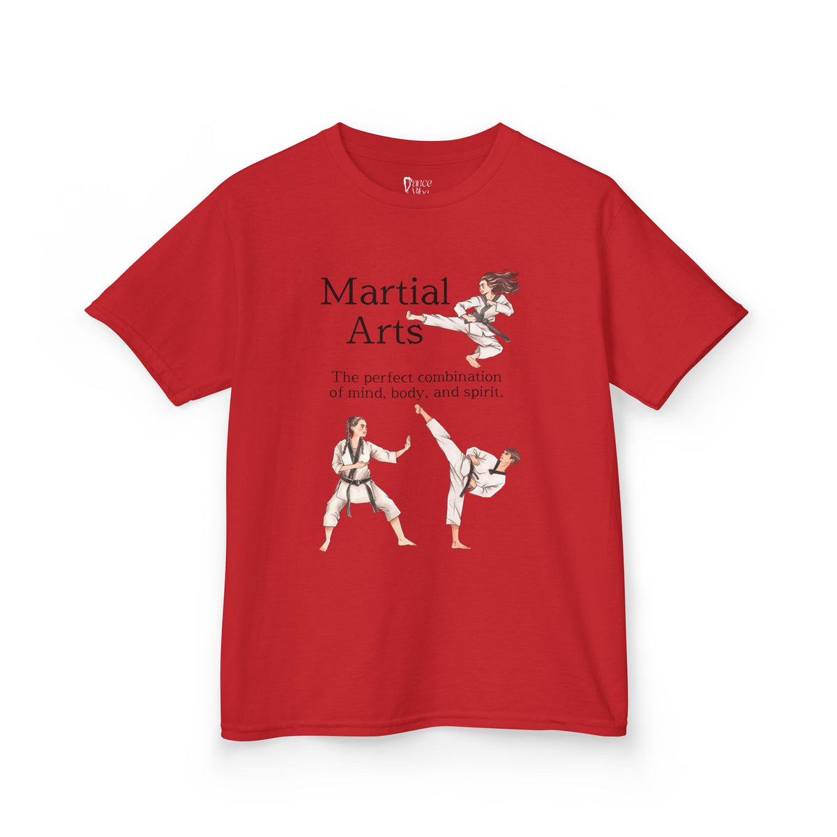 Front view of a youth Gildan 5000B heavy cotton t-shirt in red with a Martial Arts text and graphic
