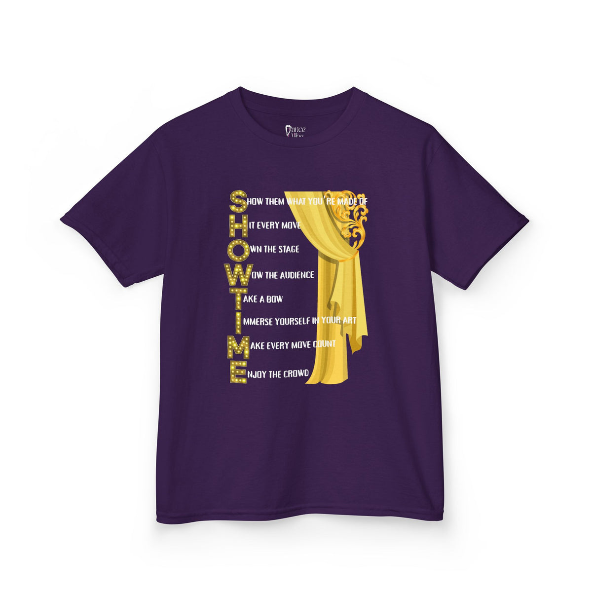 Front view of a youth Gildan 5000B heavy cotton t-shirt in purple with a Showtime text and graphic 