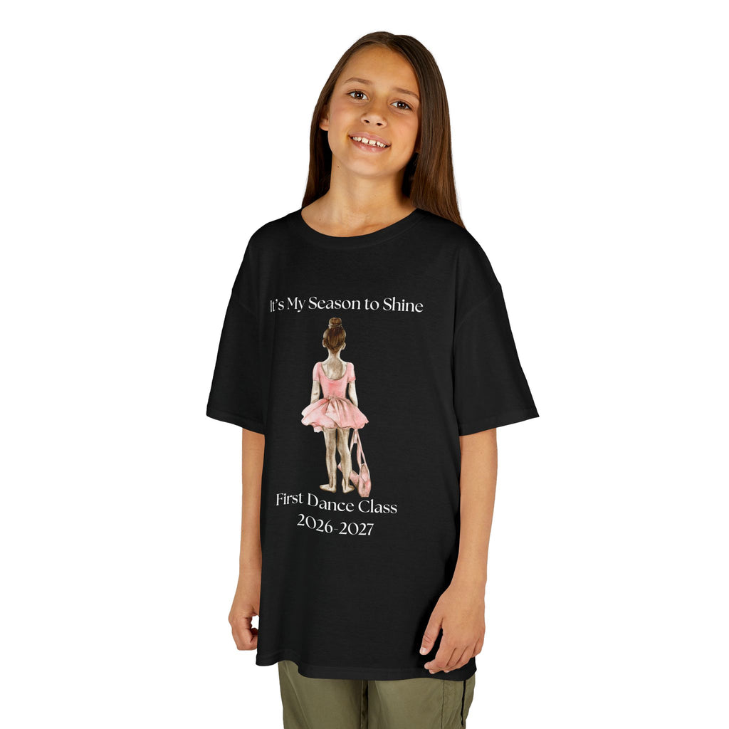 Young girl wearing a youth Gildan 5000B heavy cotton t-shirt in black with a First Dance Class theme