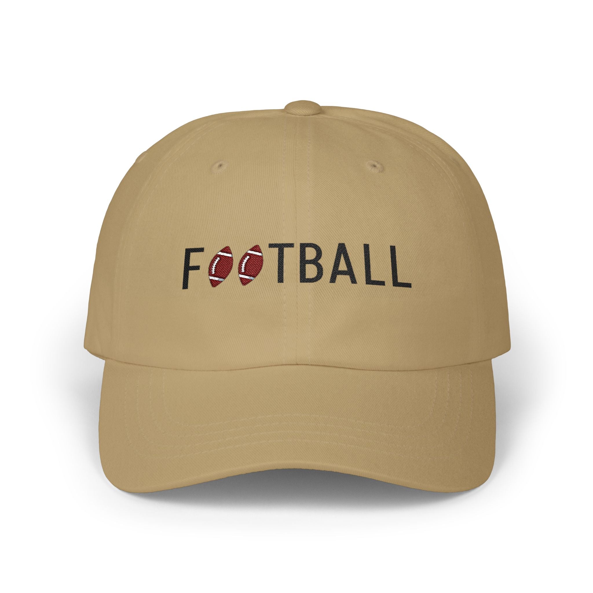 Khaki embroidered classic dad cap hat with Football text and graphic Front view