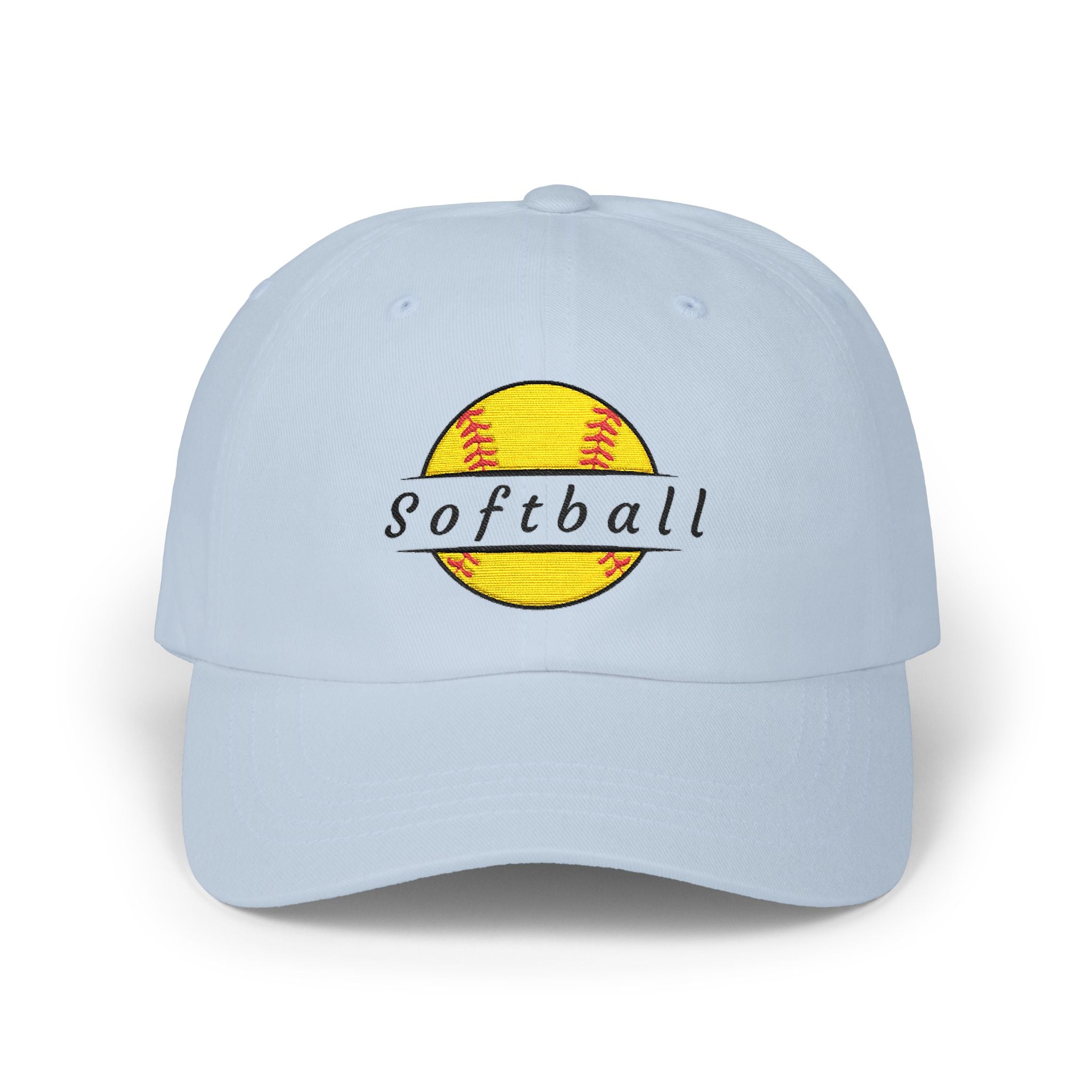 Light blue embroidered classic dad cap hat with a Softball text and graphic Front view