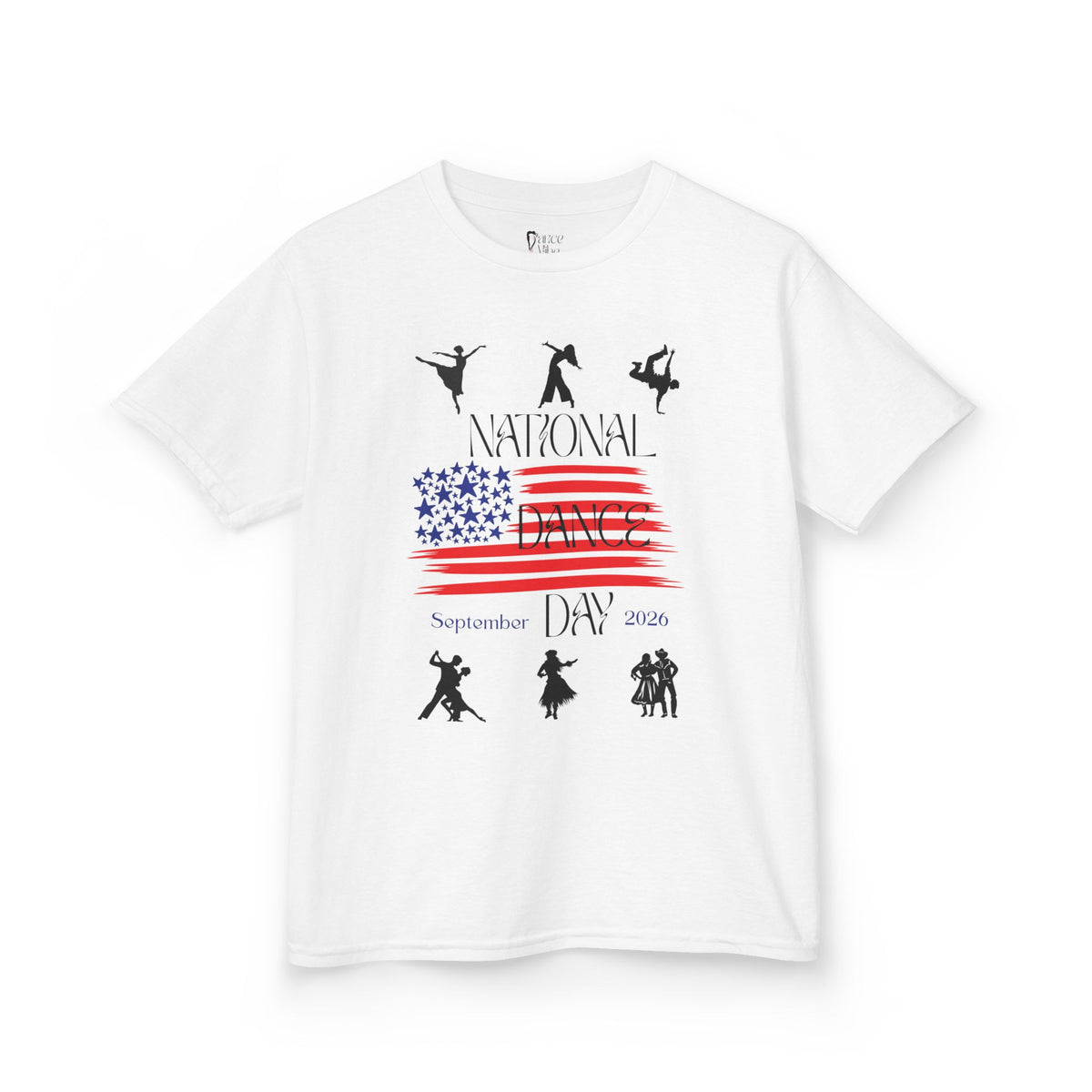 Front view of a youth Gildan 5000B heavy cotton t-shirt in white with a National Dance Day theme