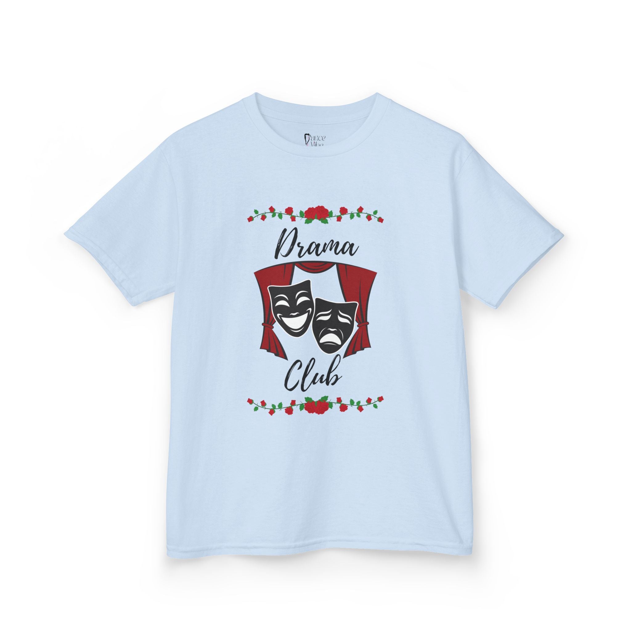 Front view of a youth Gildan 5000B heavy cotton t-shirt in light blue with a Drama Club text and graphic 