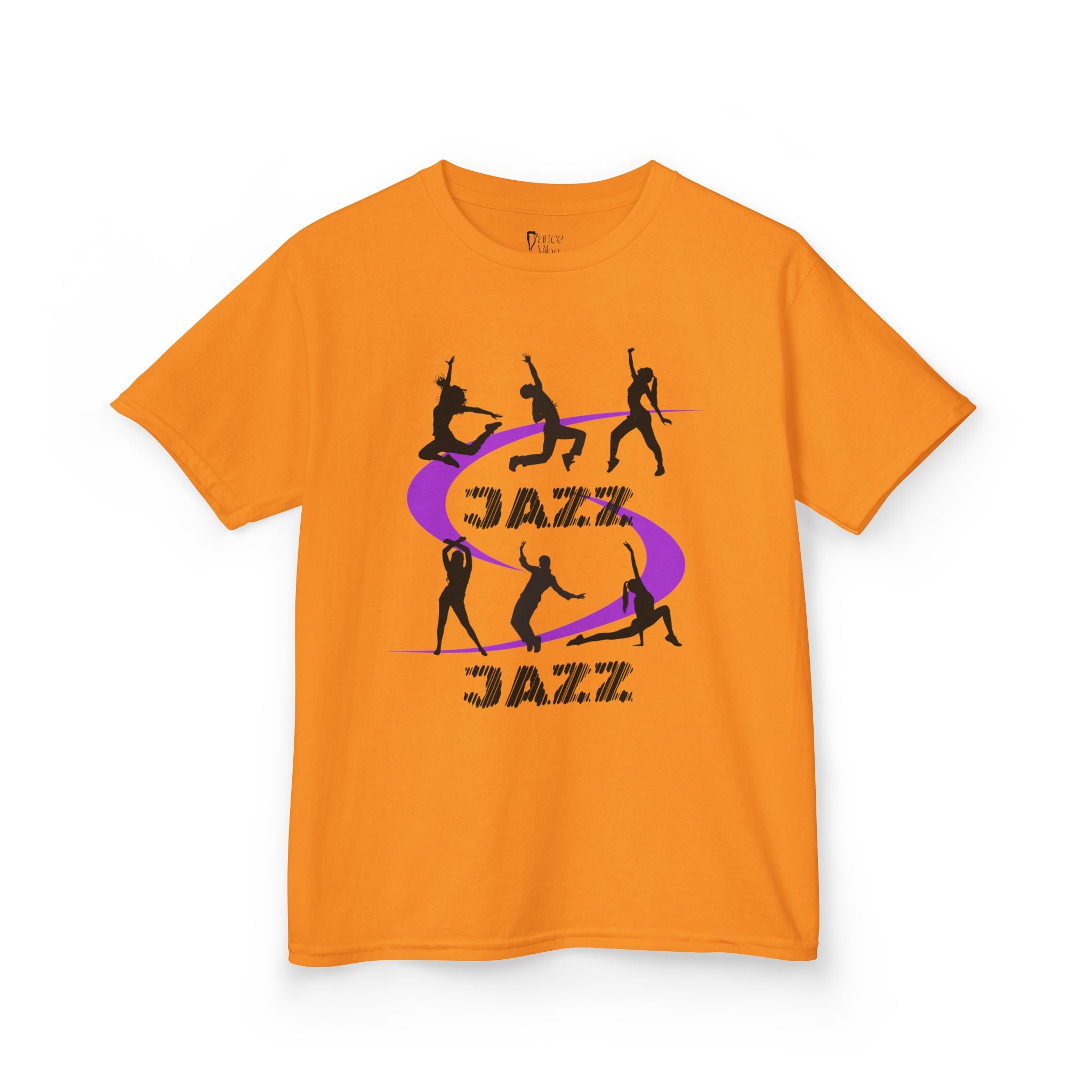 Front view of a youth Gildan 5000B heavy cotton t-shirt in tennessee orange with a Jazz Dance text and graphic