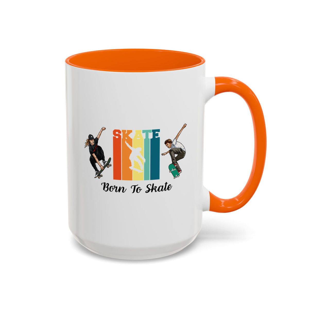 15oz white ceramic Born to Skate Skateboarding mug with orange handle and interior Right handed view