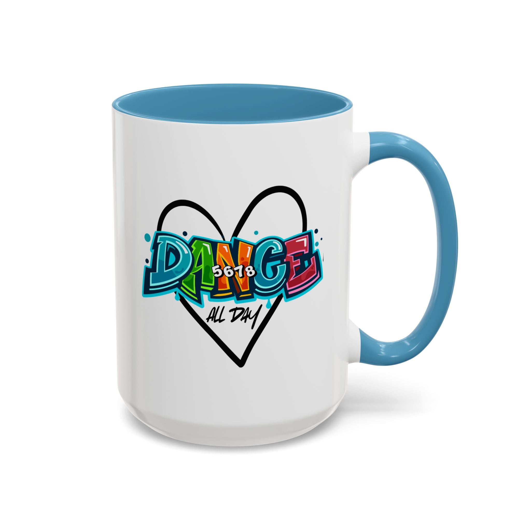 15oz white ceramic Dance All Day mug with light blue handle and interior Right handed view