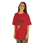 Front view of a youth Gildan 5000B heavy cotton t-shirt in red with a Girls Lacrosse theme