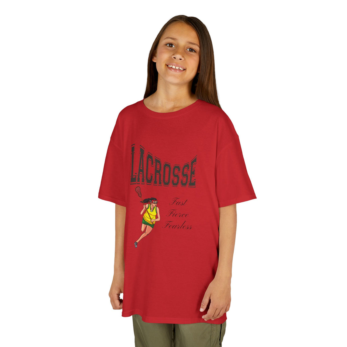 Front view of a youth Gildan 5000B heavy cotton t-shirt in red with a Girls Lacrosse theme