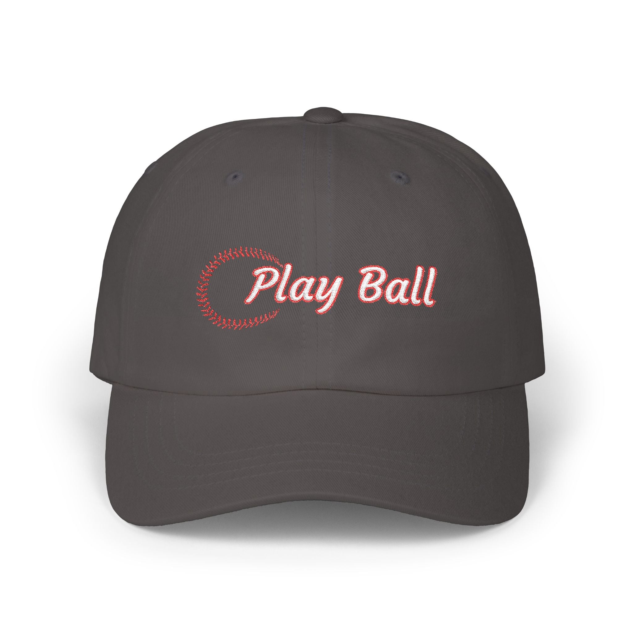A dark grey baseball cap featuring the words Play Ball embroidered in red on the front, with a baseball-stitch pattern.