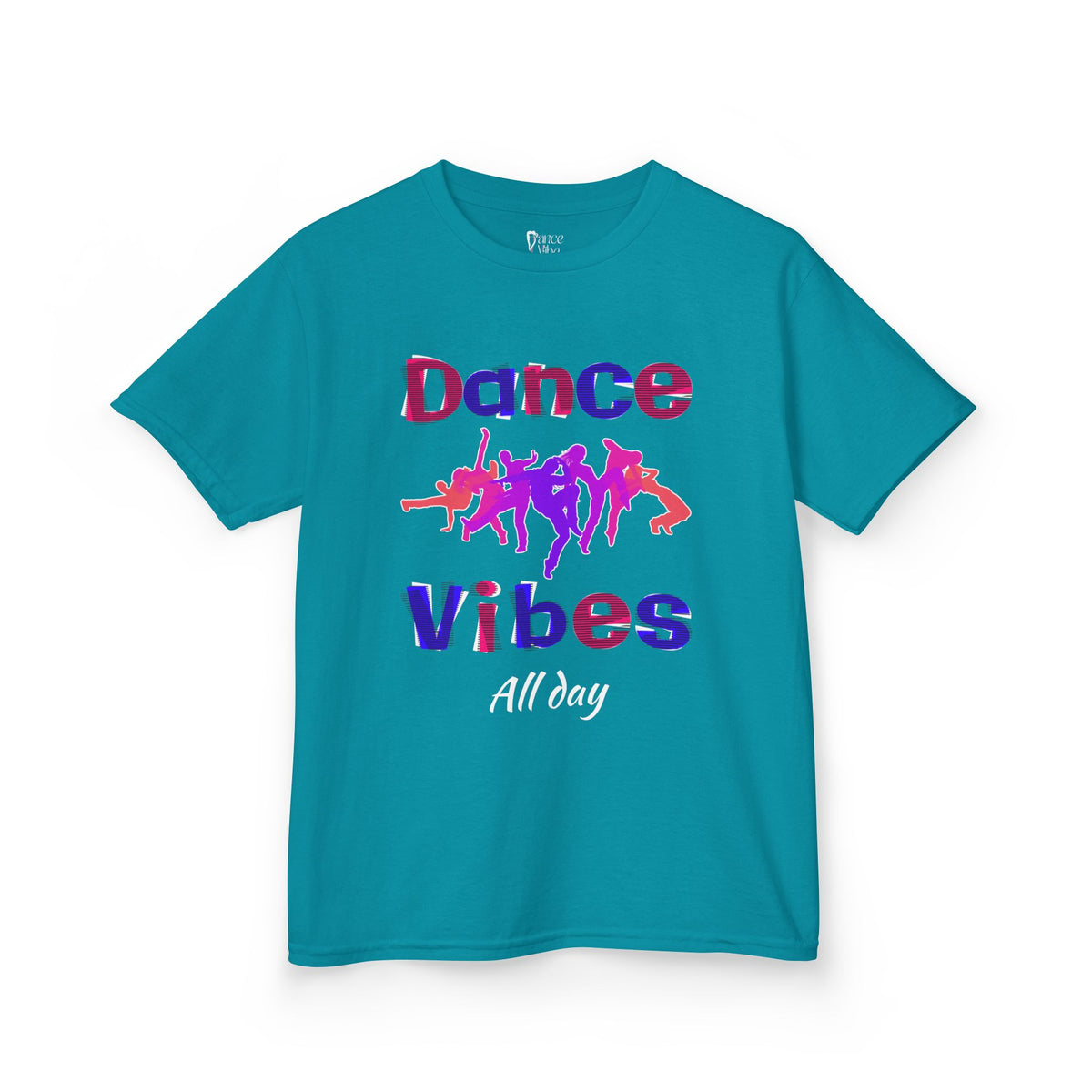 Front view of a youth Gildan 5000B heavy cotton t-shirt in tropical blue with a Dance Vibes All Day text and graphic