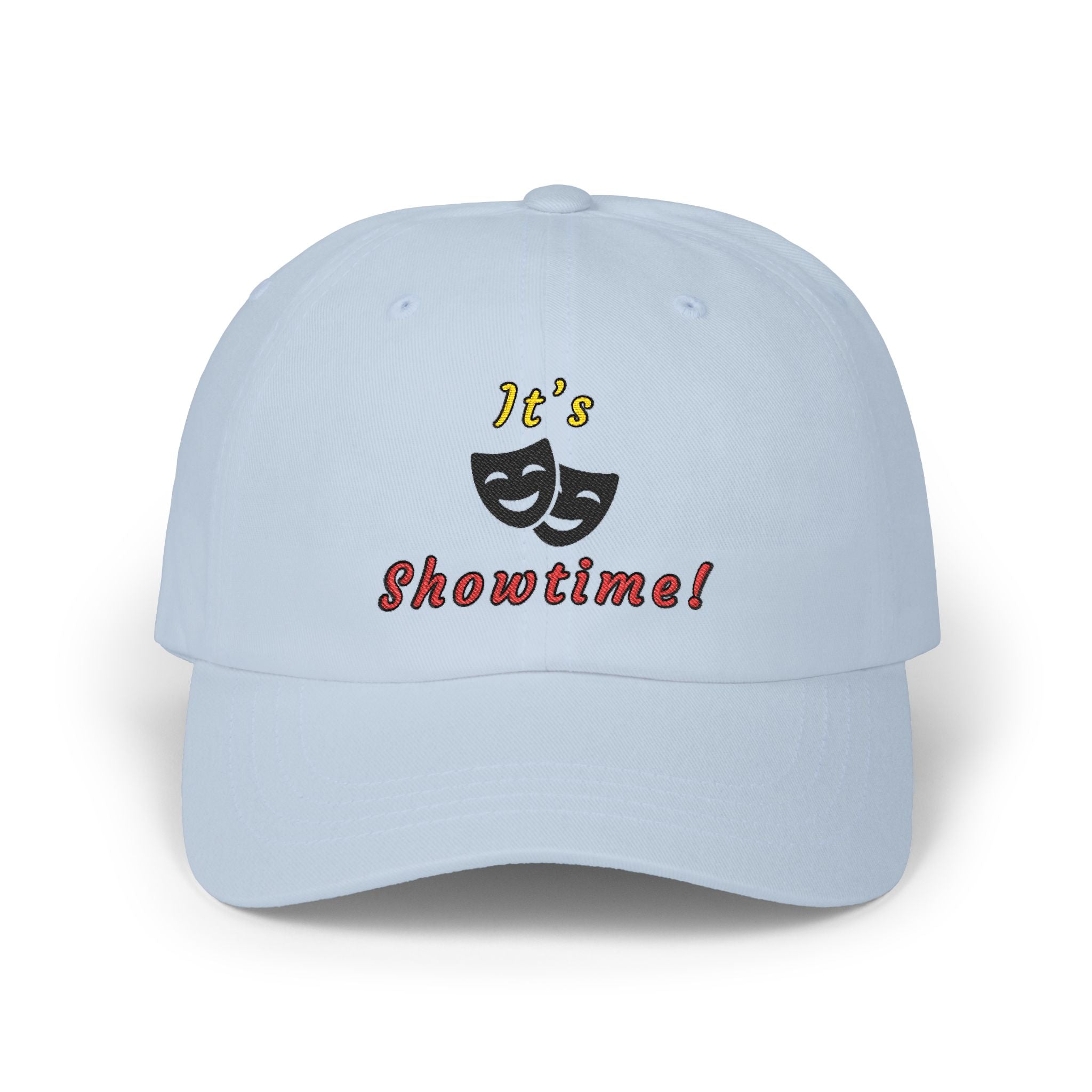 Light blue embroidered classic dad cap hat with an It's Showtime text and graphic Front view