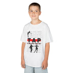 Young boy wearing a youth Gildan 5000B heavy cotton t-shirt in white with a Tap text and design