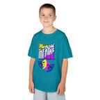 Young boy wearing a youth Gildan 5000B heavy cotton t-shirt in tropical blue with a Musical Theater rainbow mask graphic