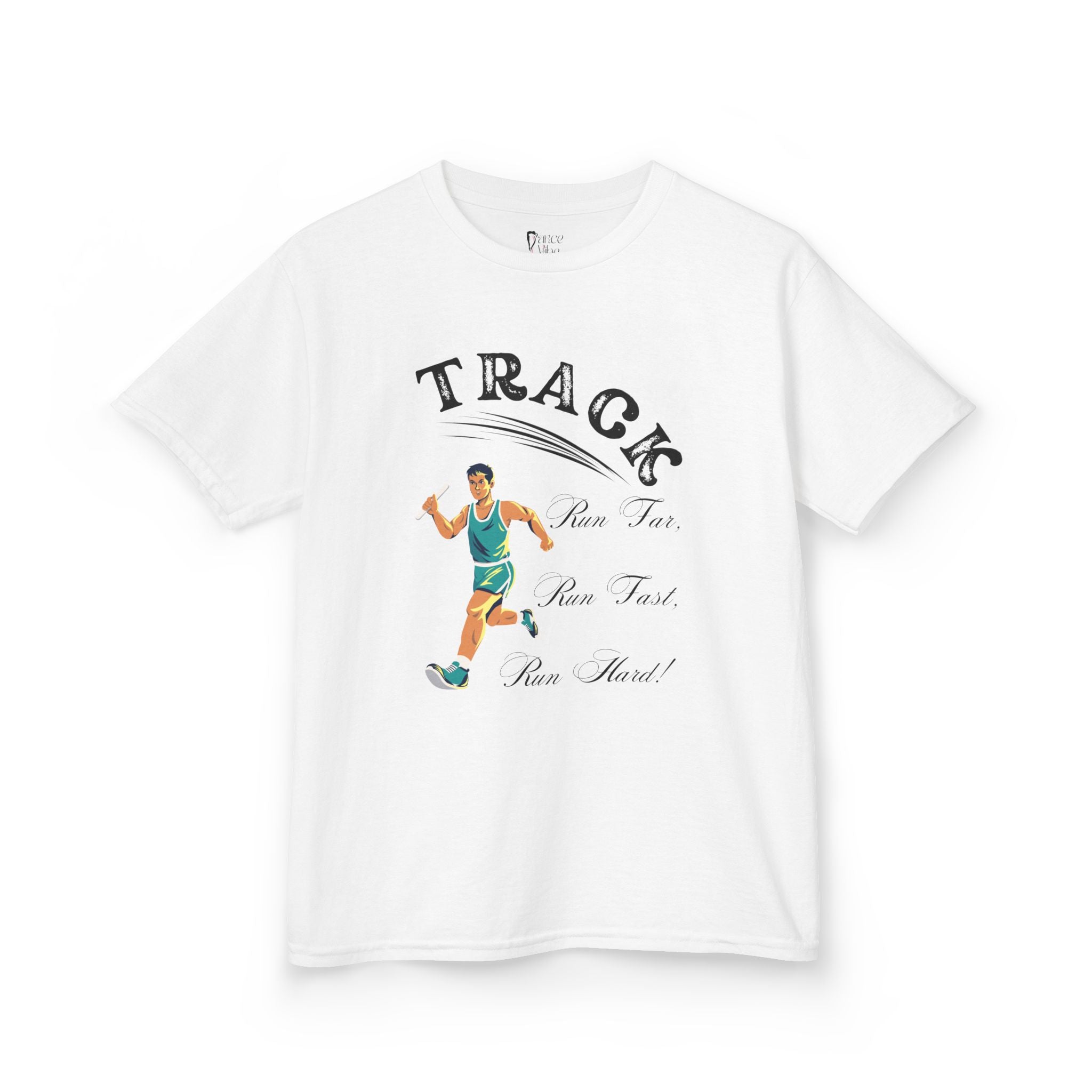 Front view of a youth Gildan 5000B heavy cotton t-shirt in white showing a boy running Track