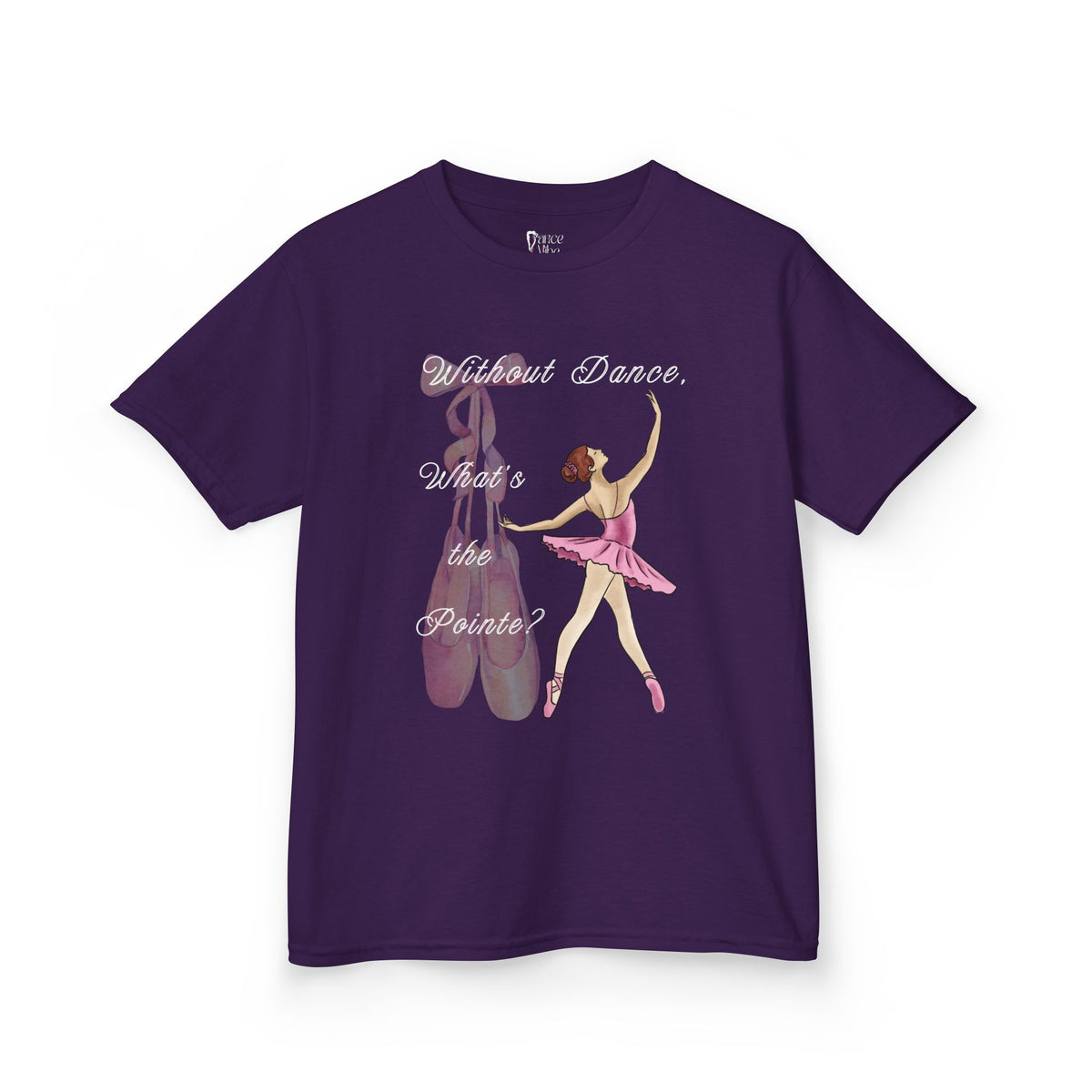 Front view of a youth Gildan 5000B heavy cotton t-shirt in purple with a Without Dance What's the Pointe design and graphic
