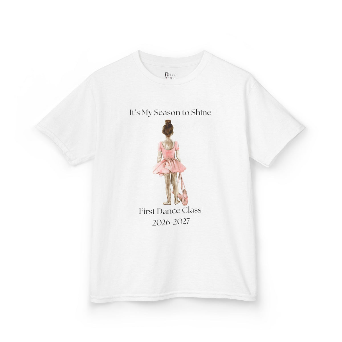 Front view of a youth Gildan 5000B heavy cotton t-shirt in white with a First Dance Class theme