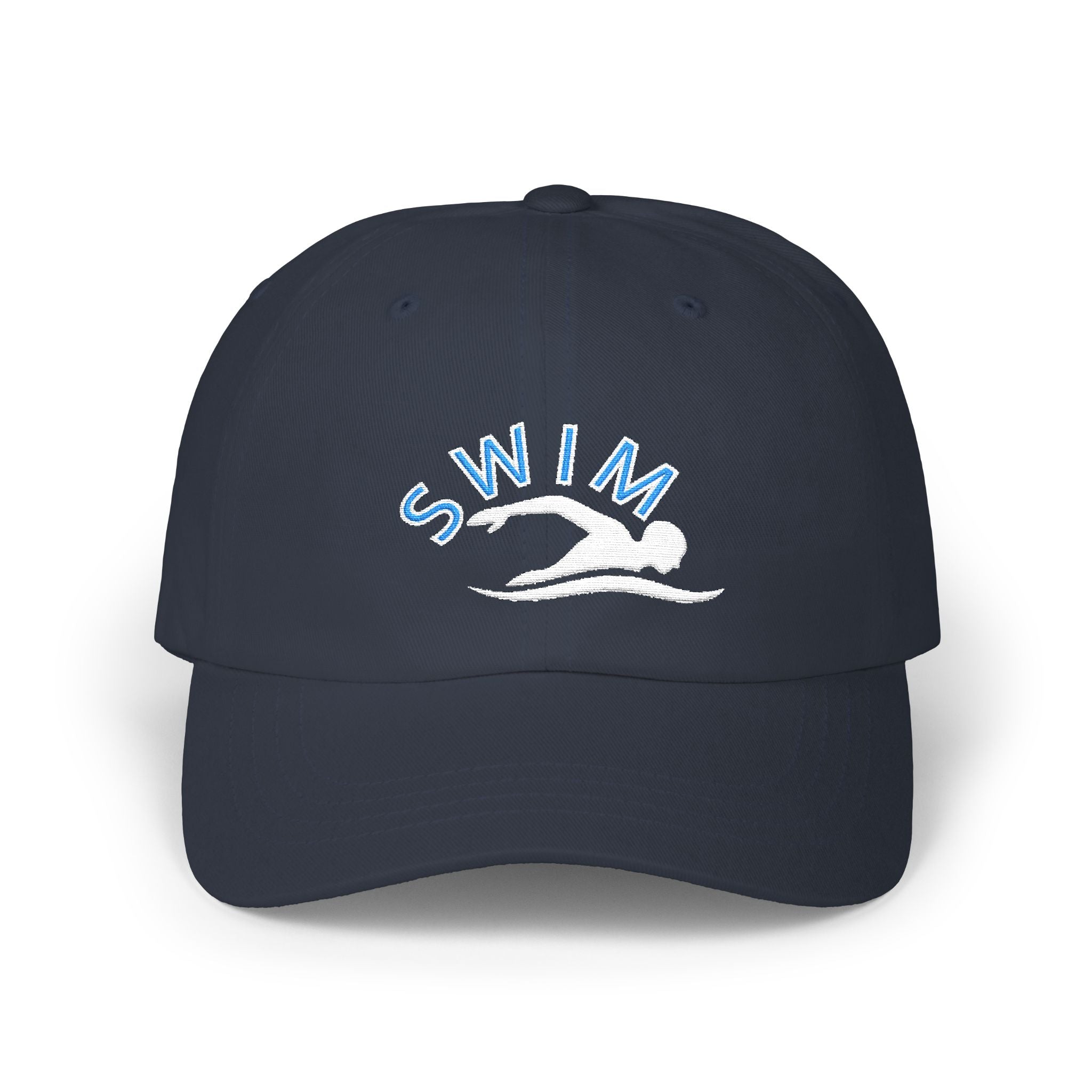 A navy baseball cap featuring an embroidered design on the front with the word SWIM in light blue and a white silhouette of a swimmer.
