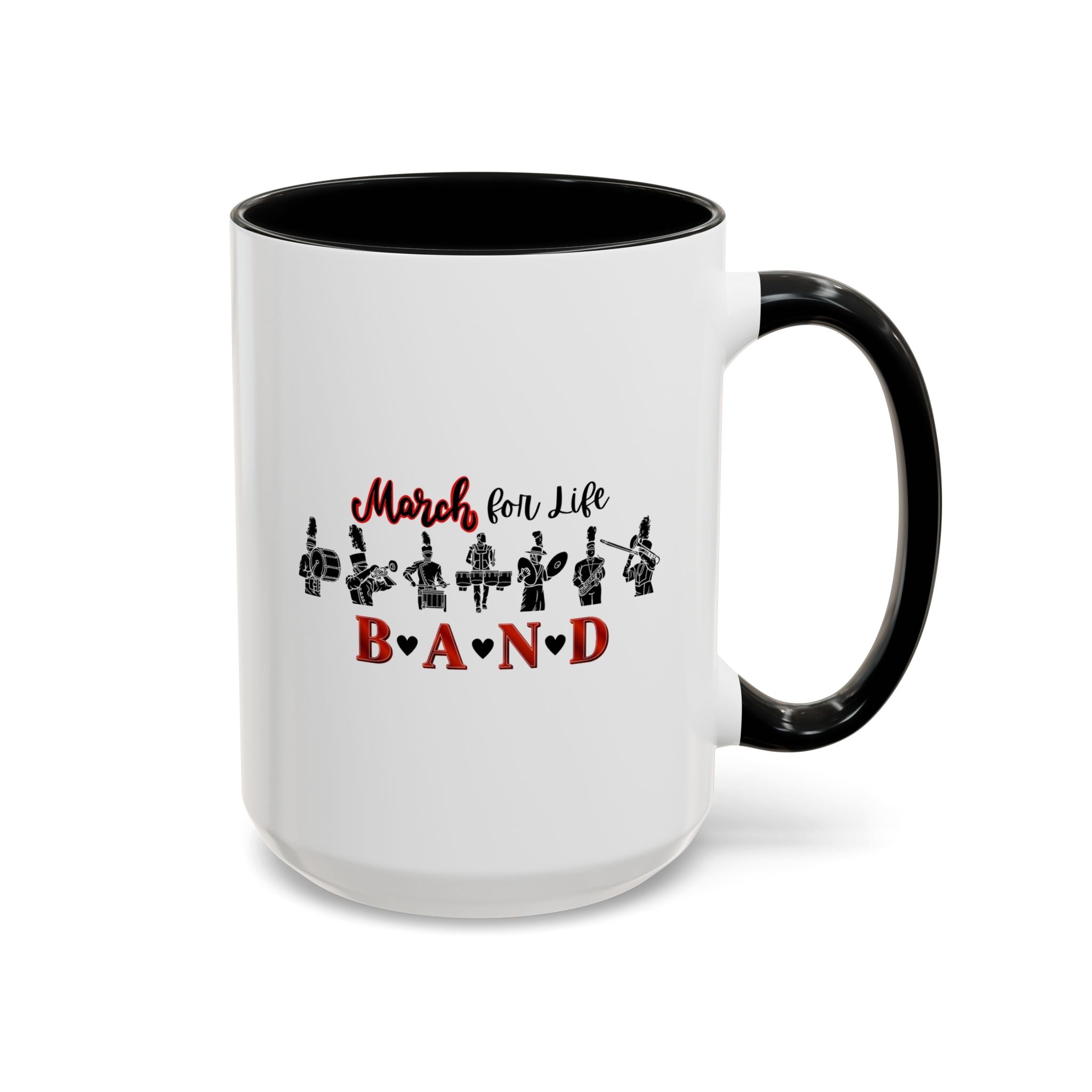 15oz white ceramic Marching Band mug with black handle and interior Right handed view