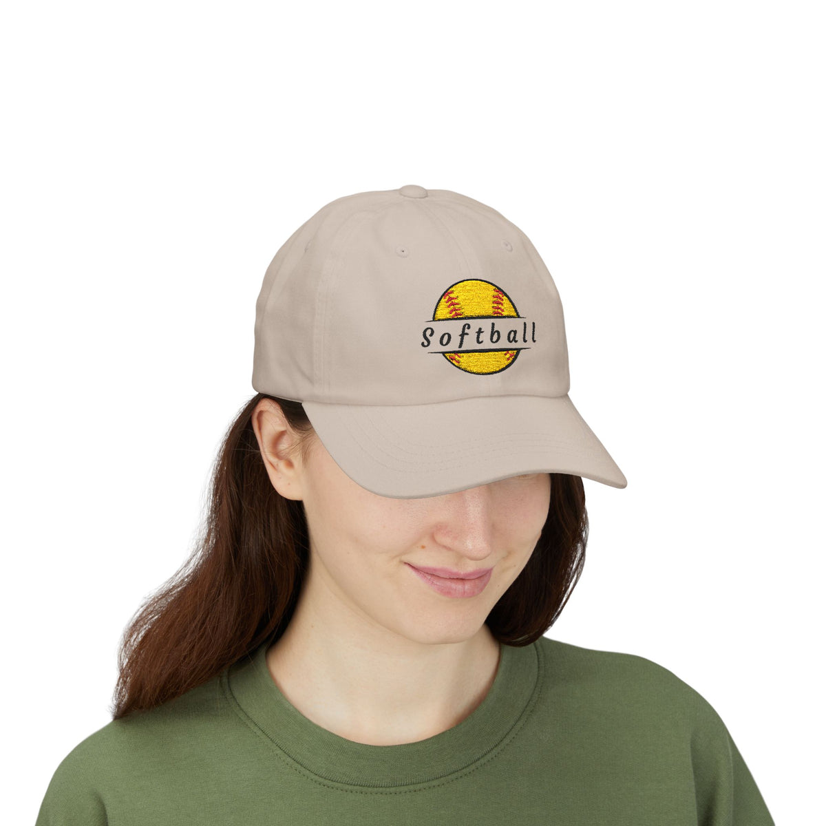 Woman wearing a stone embroidered classic dad cap hat with a Softball text and graphic
