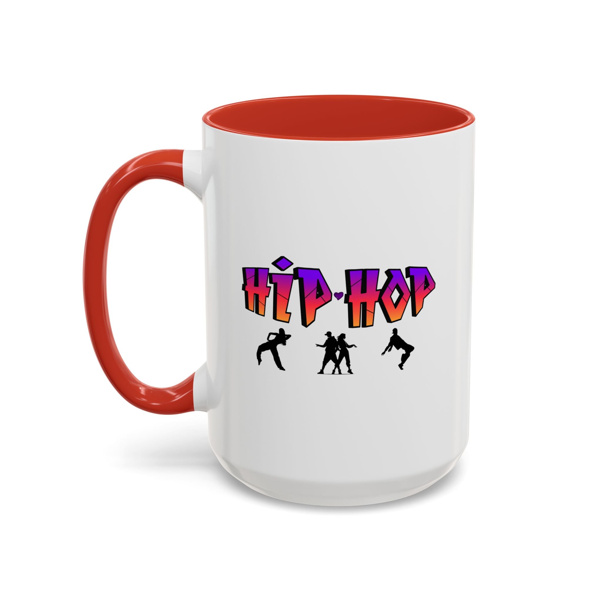 15oz white ceramic Hip Hop Dance mug with red handle and interior Left handed view