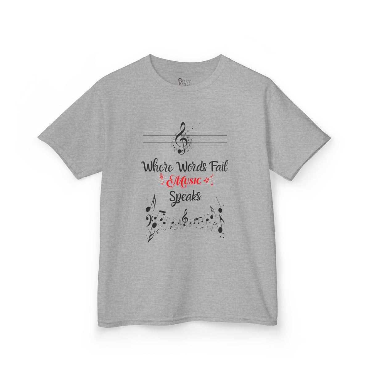 Front view of a youth Gildan 5000B heavy cotton t-shirt in sport grey with a Where Words Fail Music Speaks text and graphic