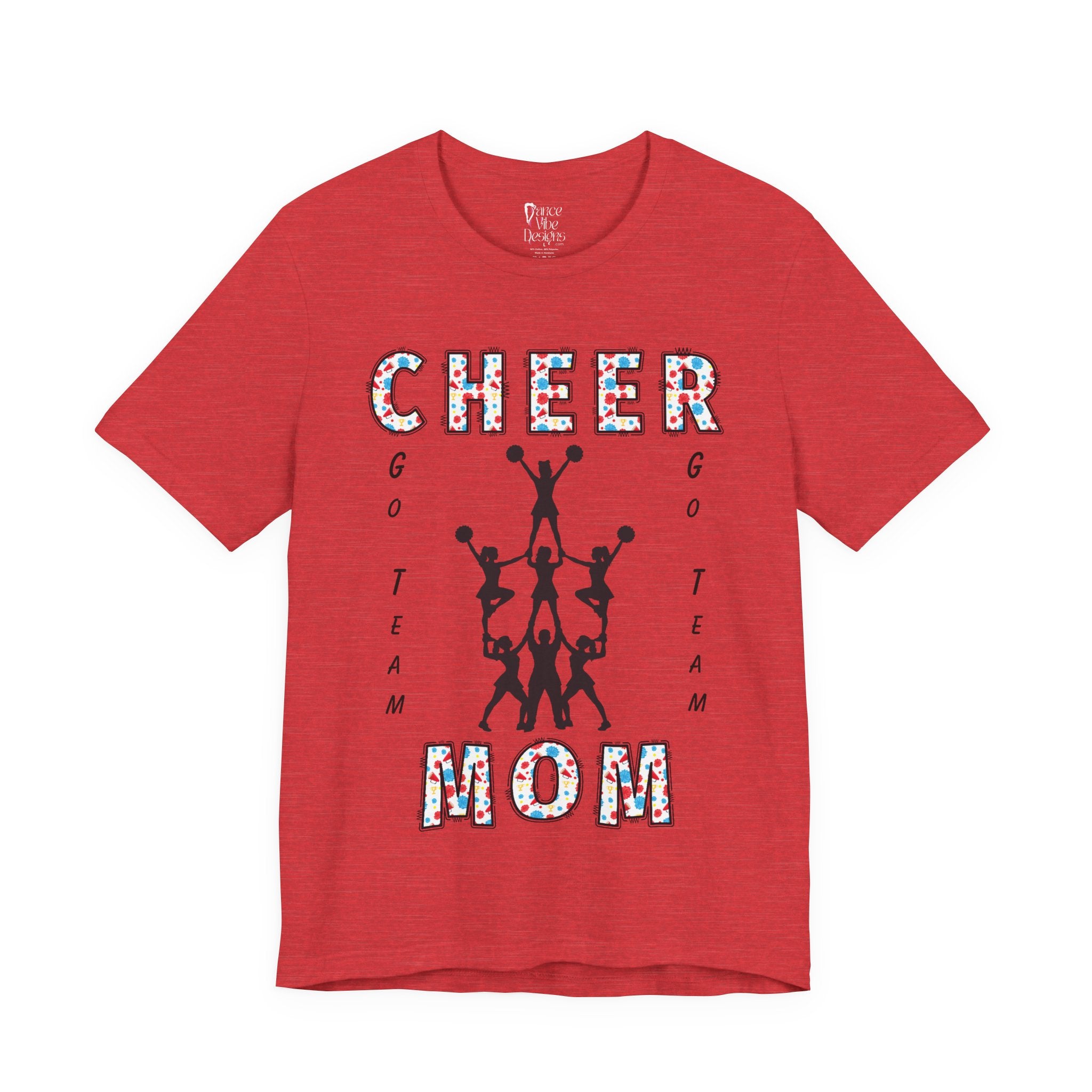 A heather red short-sleeve crewneck t-shirt featuring a CHEER GO TEAM MOM graphic on the front. 