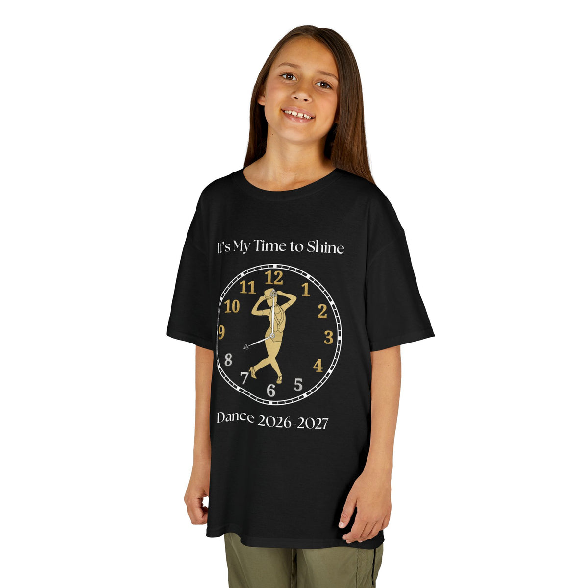 Young girl wearing a youth Gildan 5000B heavy cotton t-shirt in black with a Female Broadway Dancer 2026-2027 design