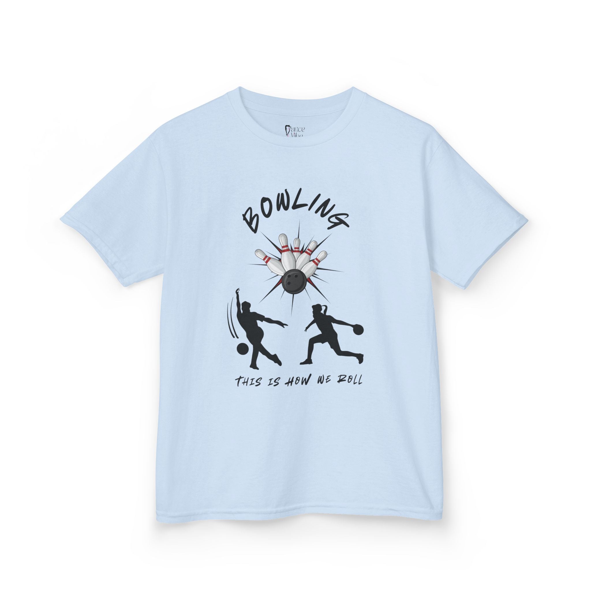 Front view of youth Gildan 5000B heavy cotton t-shirt in light blue with a Bowling text and graphic