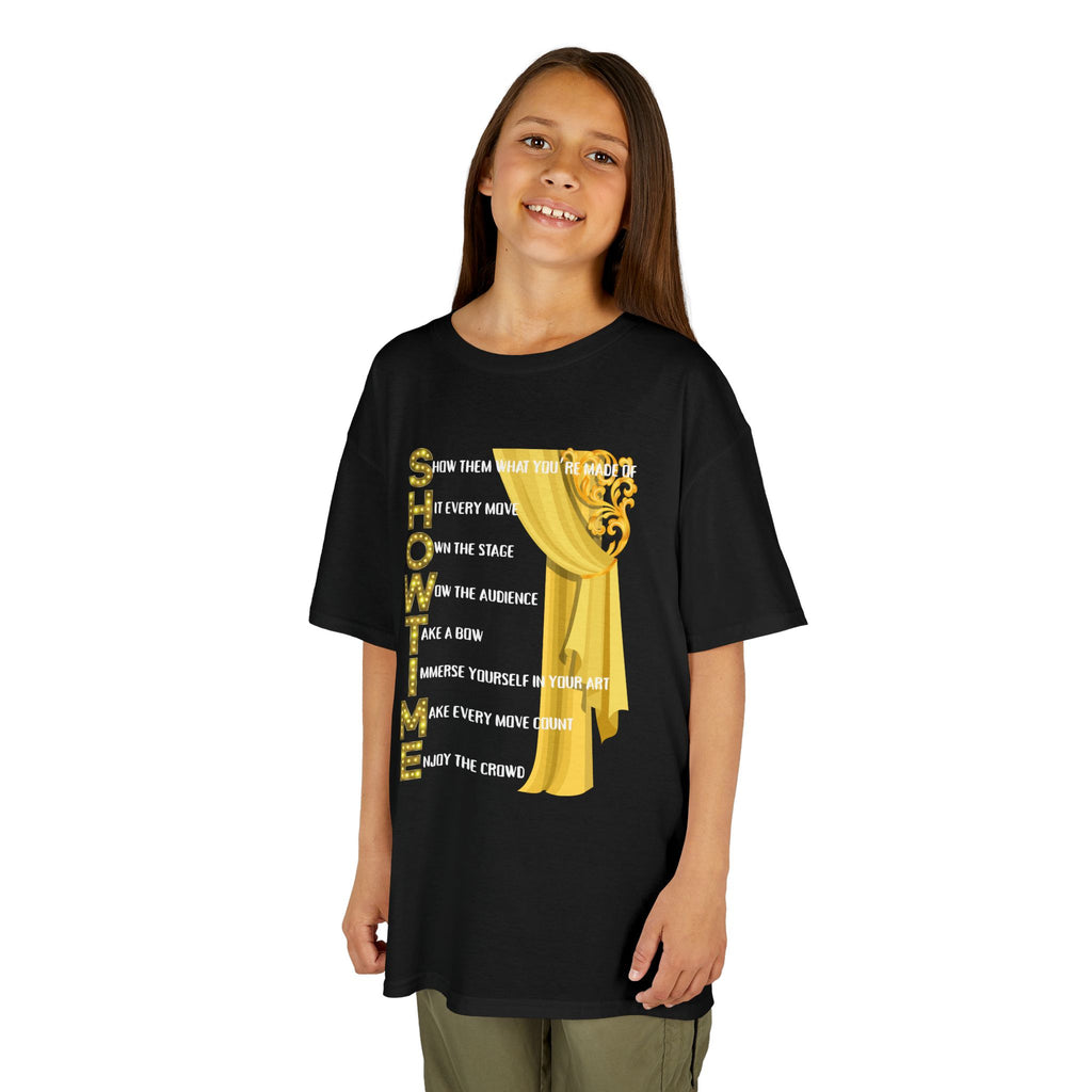 Young girl wearing a youth Gildan 5000B heavy cotton t-shirt in black with a Showtime text and graphic 