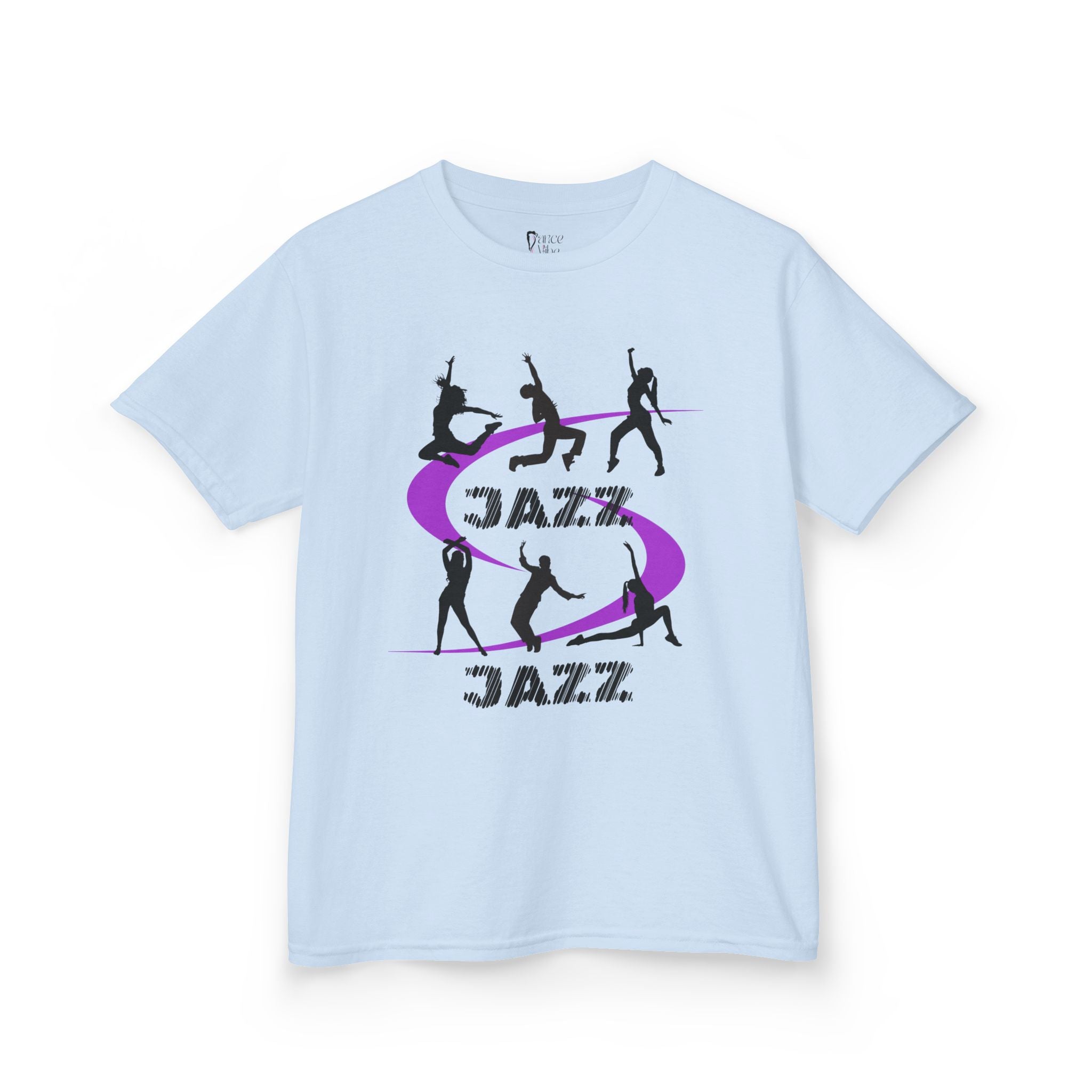 Front view of a youth Gildan 5000B heavy cotton t-shirt in light blue with a Jazz Dance text and graphic