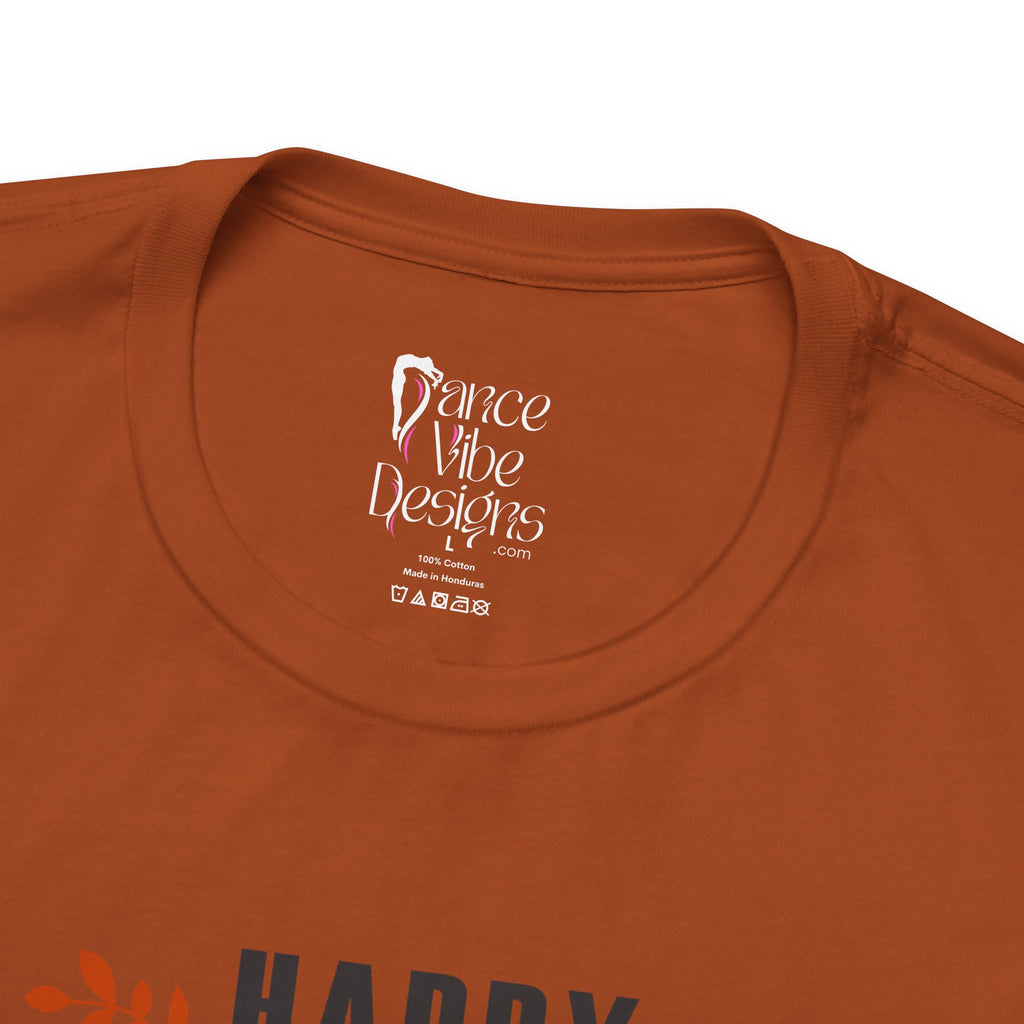Close-up of an autumn crewneck t-shirt showing the inner neck label with Dance Vibe Designs LLC printed in white.