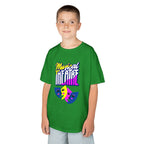 Young boy wearing a youth Gildan 5000B heavy cotton t-shirt in irish green with a Musical Theater rainbow mask graphic
