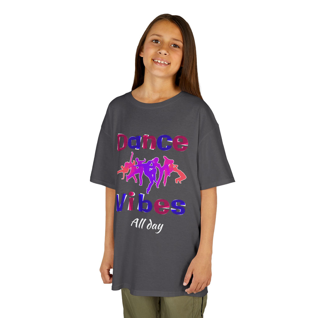 Young girl wearing a youth Gildan 5000B heavy cotton t-shirt in charcoal with a Dance Vibes All Day text and graphic