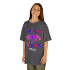 Young girl wearing a youth Gildan 5000B heavy cotton t-shirt in charcoal with a Dance Vibes All Day text and graphic