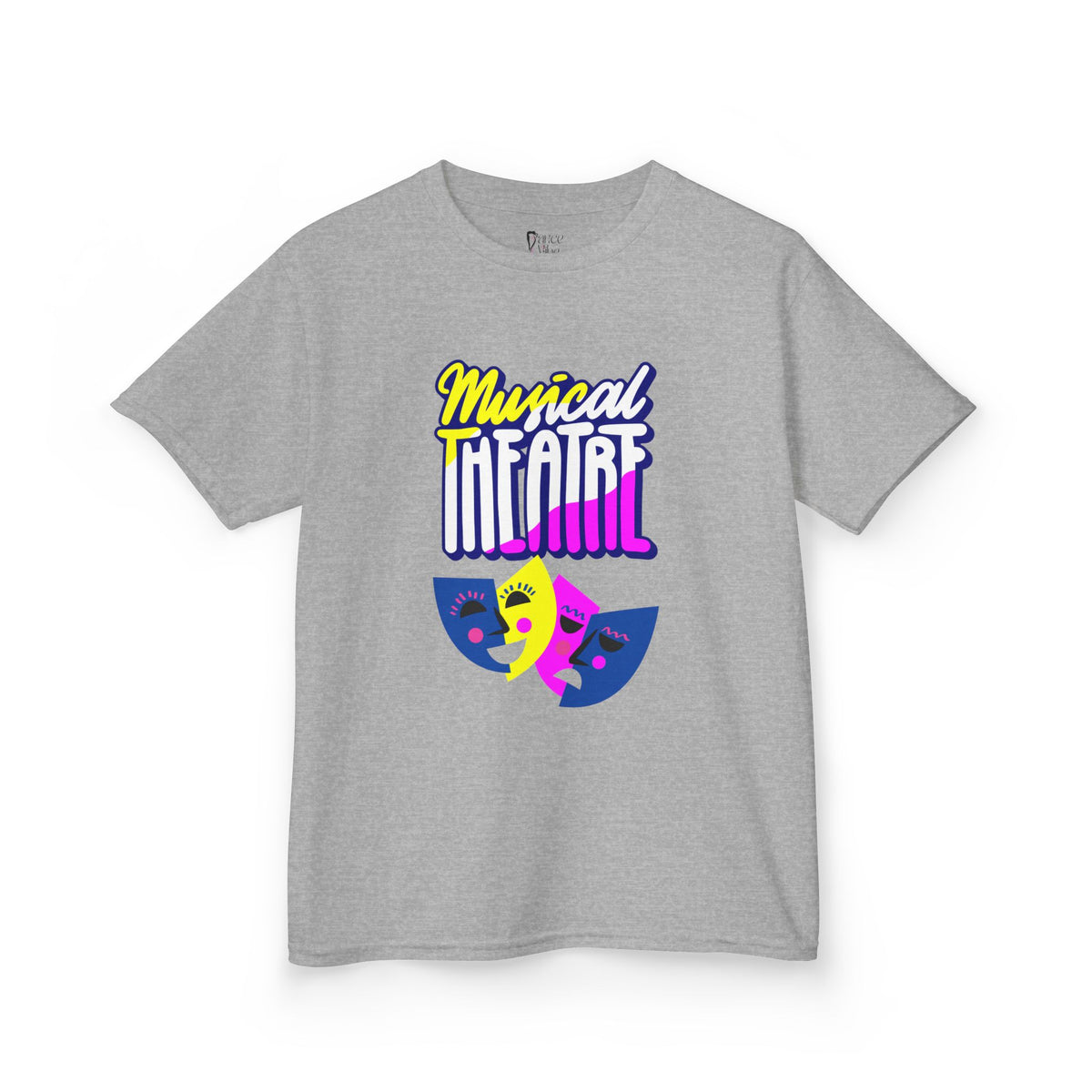 Front view of a youth Gildan 5000B heavy cotton t-shirt in sport grey with a Musical Theater rainbow mask graphic