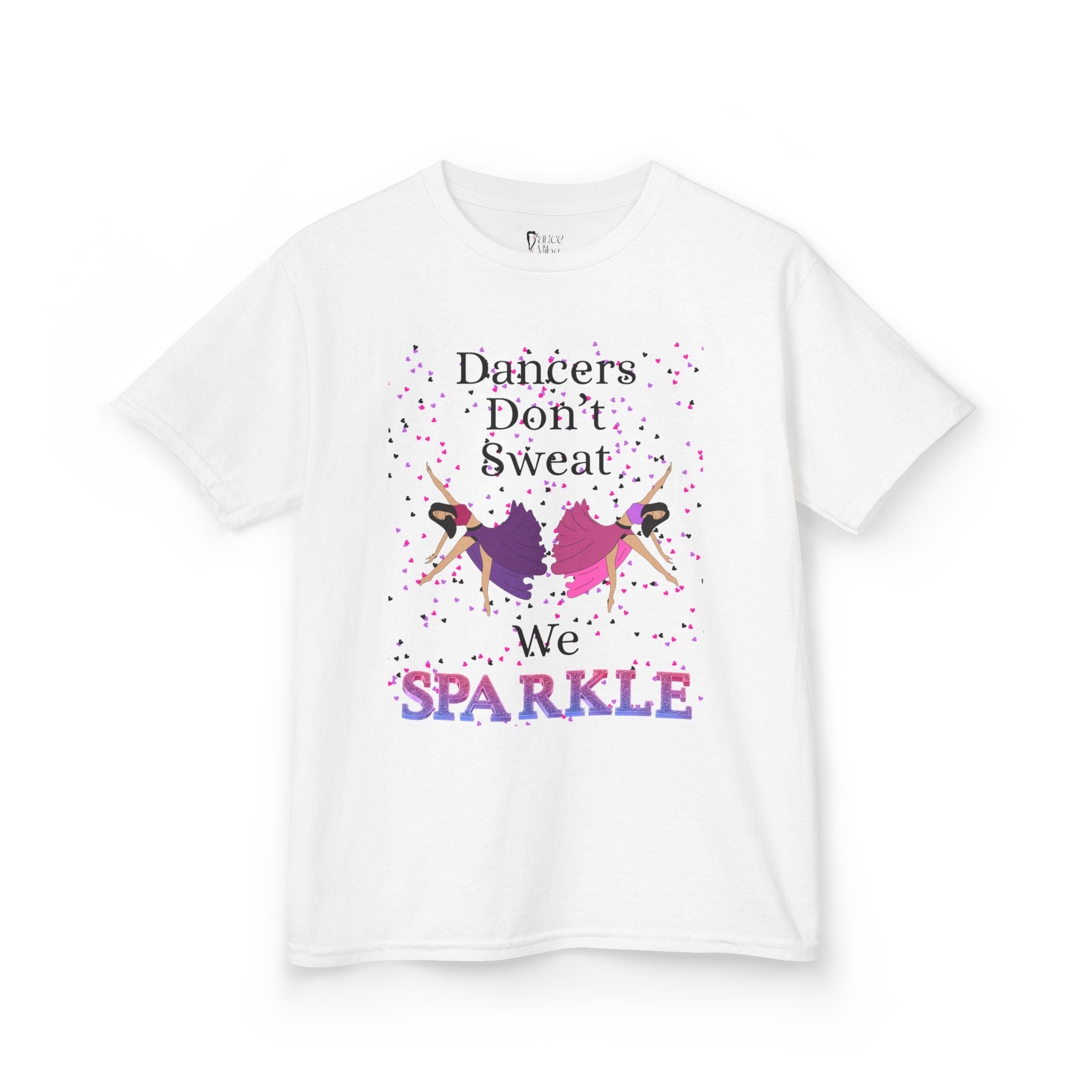 Front view of a youth Gildan 5000B heavy cotton t-shirt in white with a Dancer's Don't Sweat We Sparkle text and graphic