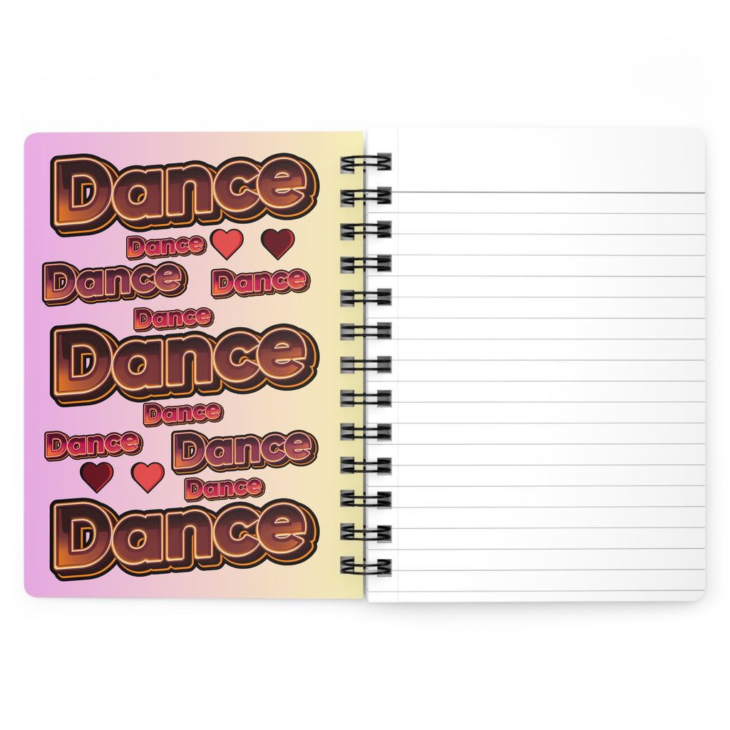 An open spiral-bound notebook with lined pages on the right and a decorative cover on the left featuring the word 'Dance' repeated in a retro gradient design.