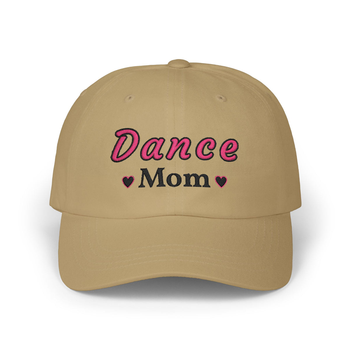 A khaki baseball cap featuring the embroidered text Dance Mom on the front. 