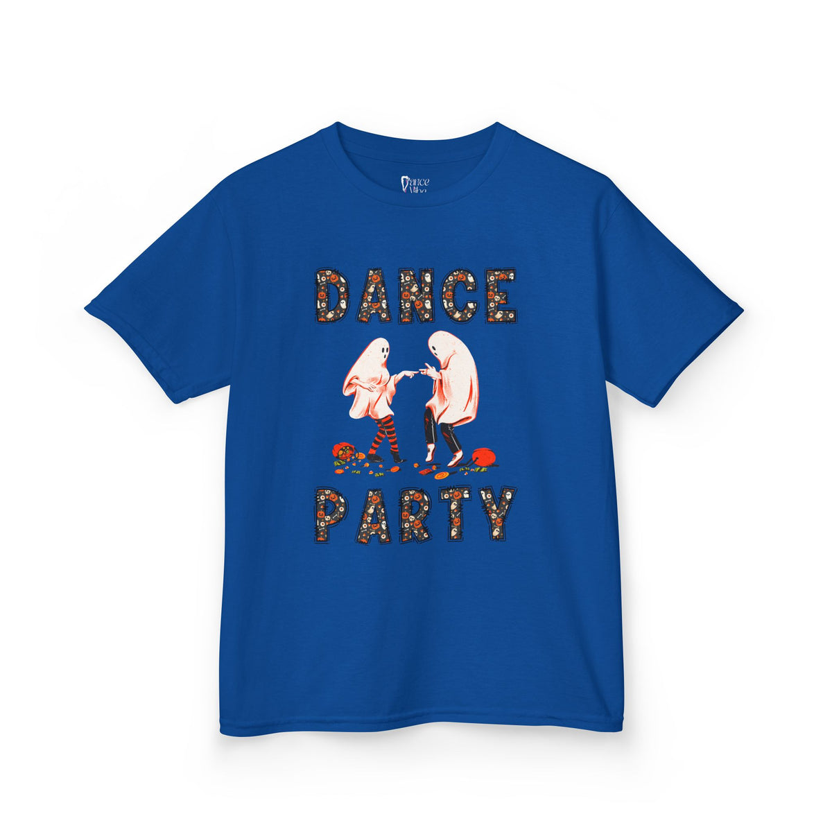 Front view of a youth Gildan 5000B heavy cotton t-shirt in royal with a Halloween Dance Party theme